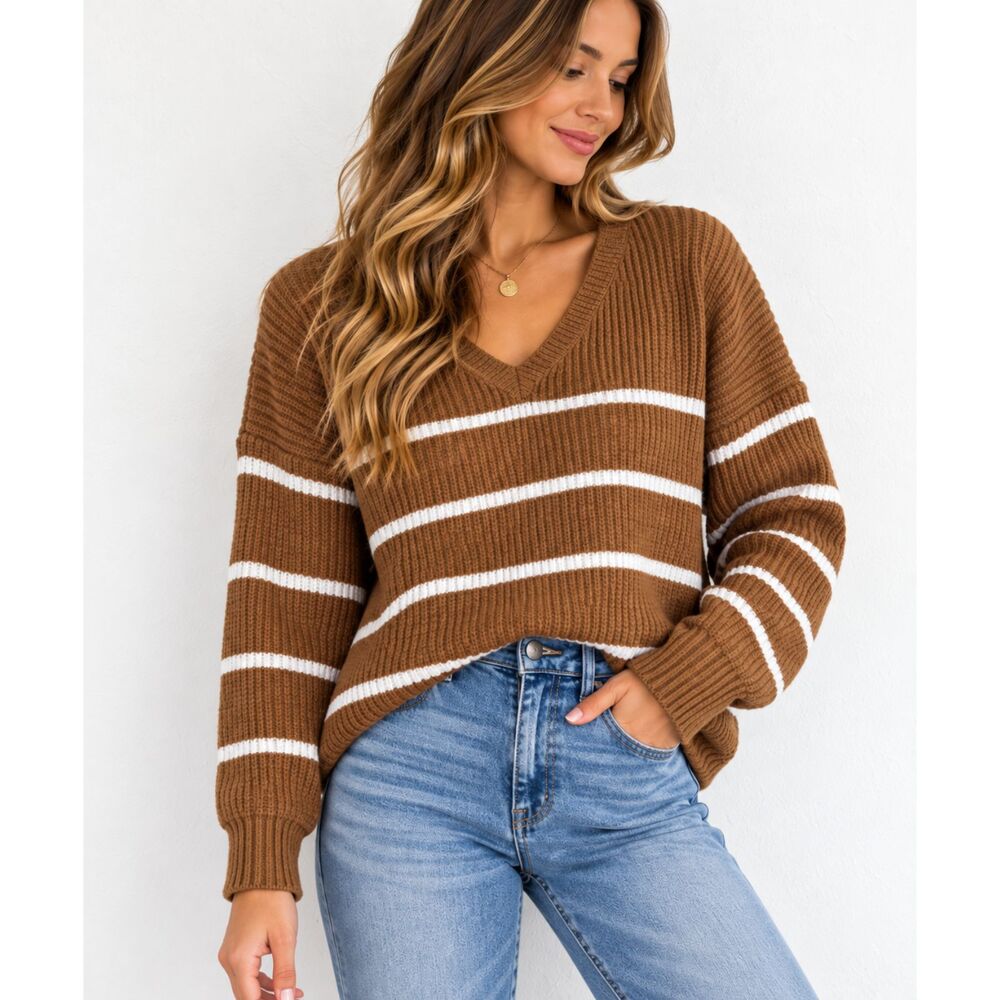 Wishlist Brown & White Striped V-Neck Sweater Women’s Size S Oversized Cozy Knit
